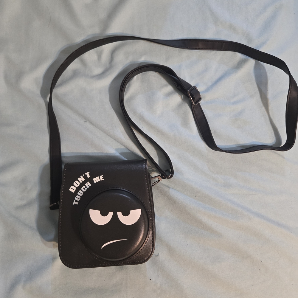 Black Camera Crossbody Bag with Graphic Design